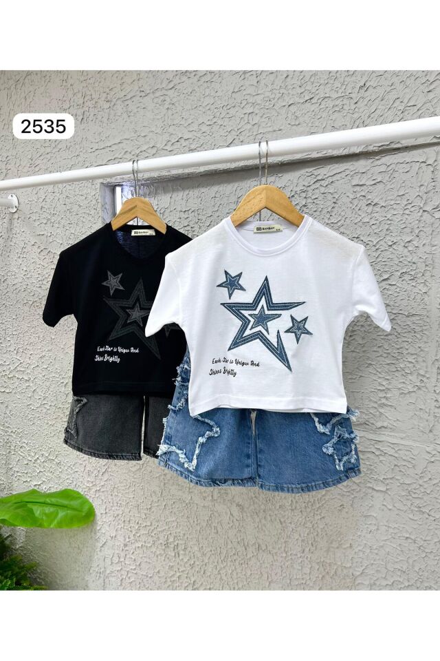 Yildiz Nakişli Kot Şort 2 li Kiz Takim