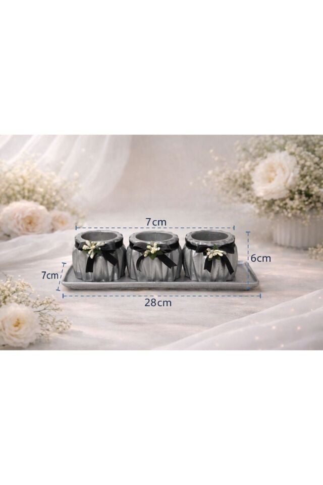 Saksı 3’lü Dekoratif Beton Set – Tepsili Gri Modern Tasarım